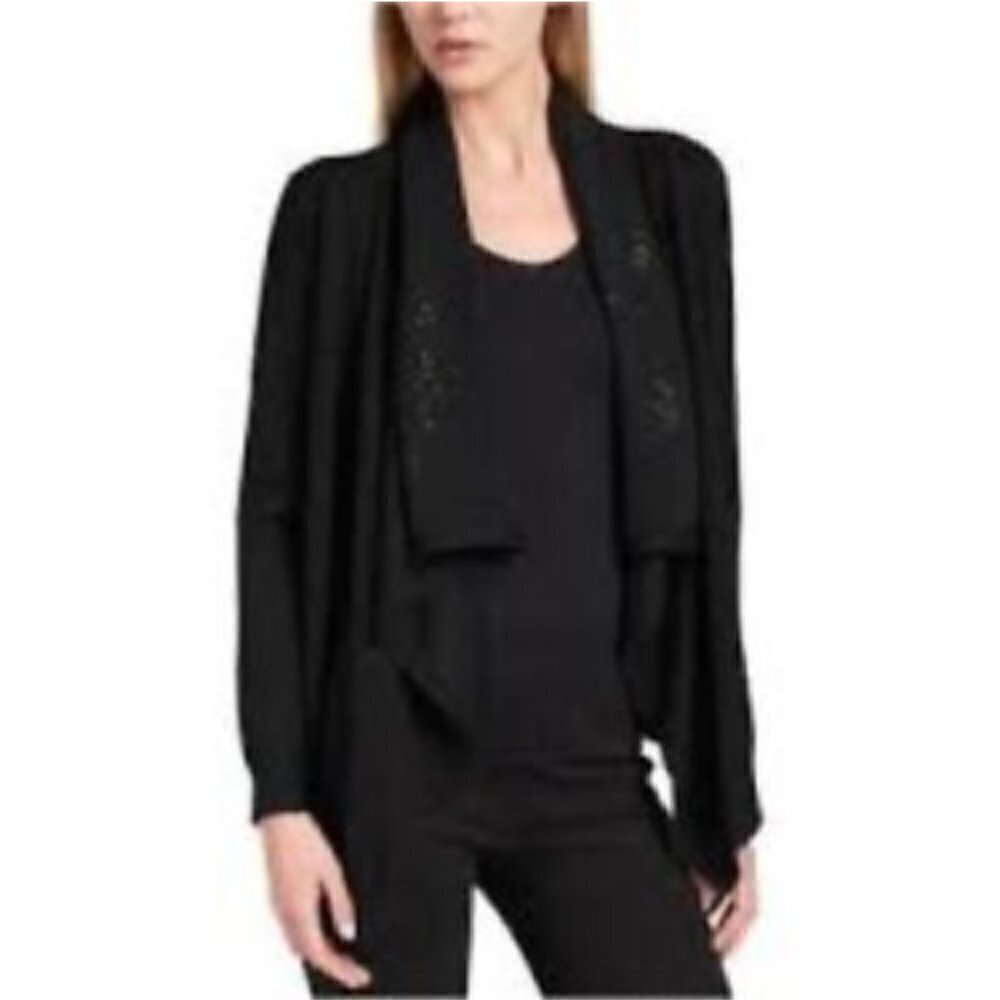DKNY Womens Size XS/S Sequin Collar Open Front Cardigan Black Waterfall Long Slv